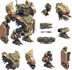 Disassembled robot mech style concept illustration. Indie game design vector graphics.