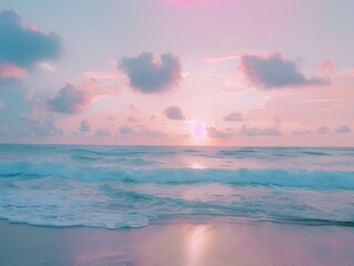 The photo is showing beautiful sunset above the sea. Pink, blue and violet colors of sky and water...