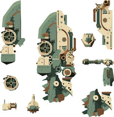 Disassembled robot mech style concept illustration. Indie game design vector graphics.