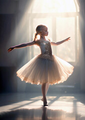 Naklejka premium Little kid girl ballerina dance in a studio. AI generative