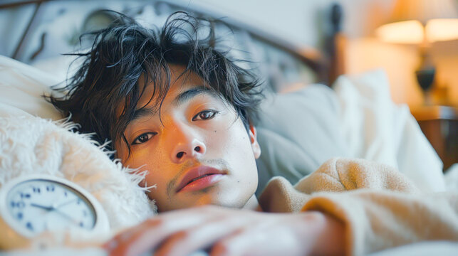 Young asian man struggling to wake up lying in bed in a bedroom. Good for themes of morning fatigue, waking up and go to bed.
