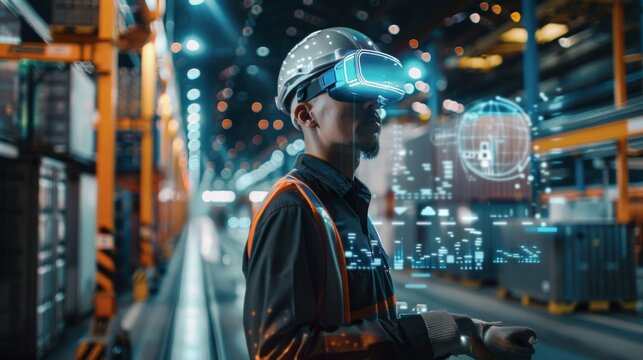 Metaverse Technology. Manager engineer use VR virtual reality goggle analyzing and control logistic network distribution and smart transport intelligent, Industry transport, Logistic of futuristic.