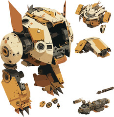 Disassembled robot mech style concept illustration. Indie game design vector graphics.