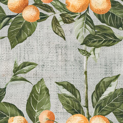 Obraz premium Seamless floral pattern with lemons and leaves on blurred linen background.