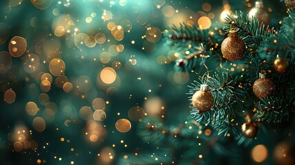 Abstract tree branch with golden baubles on bokeh background