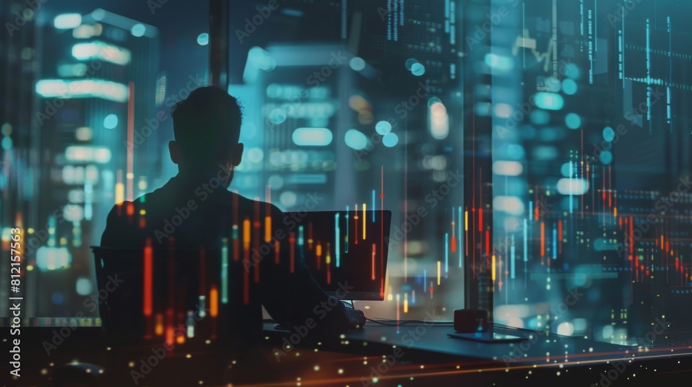 Aufkleber Multi exposure of market chart with man working on computer on background. Concept of financial analysis.
