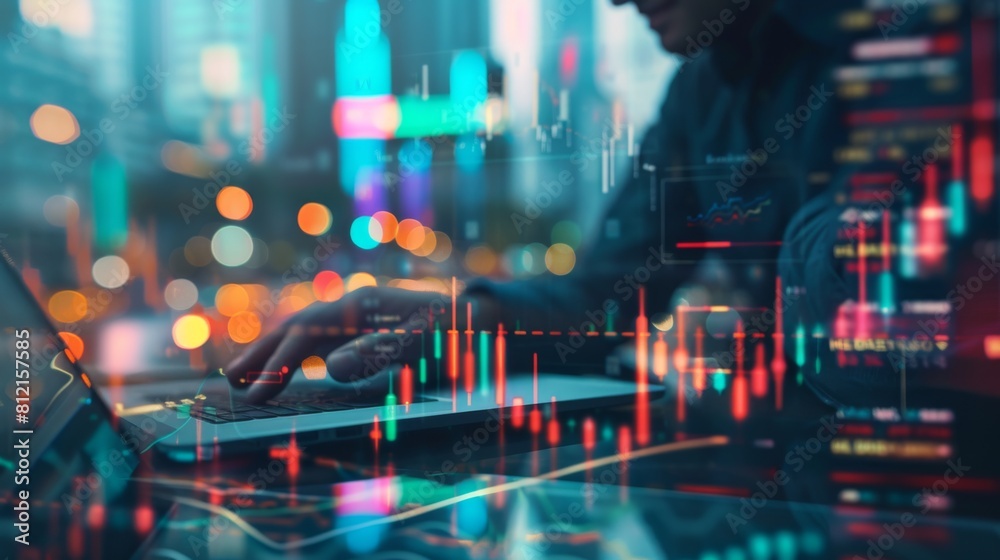 Aufkleber multi exposure of market chart with man working on computer on background. concept of financial anal