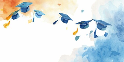 Education concept, graduation caps flying in watercolor background.