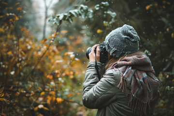 A girl photographer enthusiastically works with her camera while standing in the light rain. Concept for advertising photo services, travel or tourism magazines. A wonderful landscape for your project