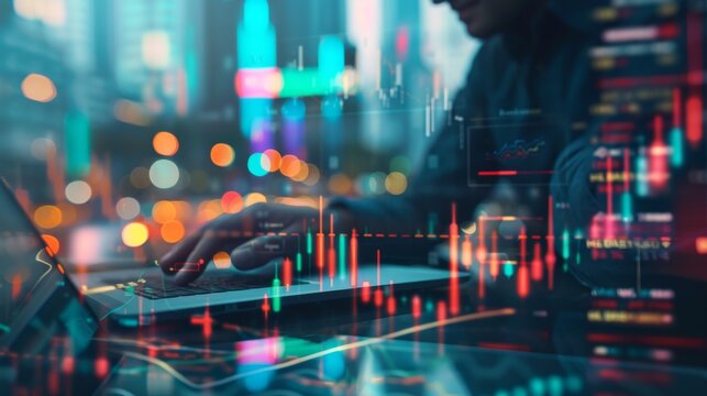 Multi exposure of market chart with man working on computer on background. Concept of financial analysis.