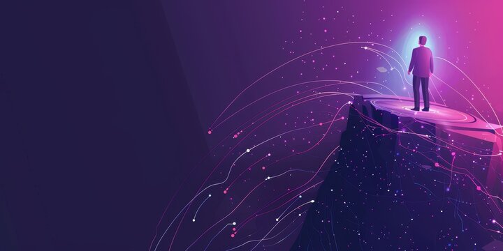 The man stands on the top of the mountain and looks at the starry sky.