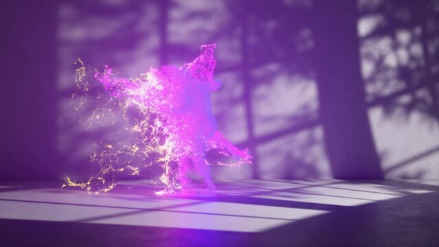 Dramatic 3D rendering of a dancing figure composed of glowing pink particles, cast against a shadowed backdrop with stark lighting