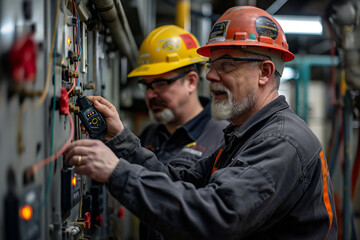 Two engineers in hard hats and safety glasses work on an electrical panel.