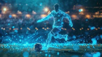 Holographic Footballer in Action at Stadium - Sport and Competition Concept