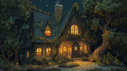 The photo shows a cozy cottage in the woods at night