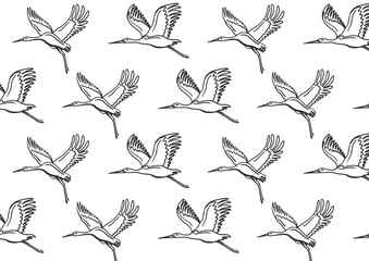 Isolated set of storks in different poses.. Vector illustration of storks on white background, village and birds.