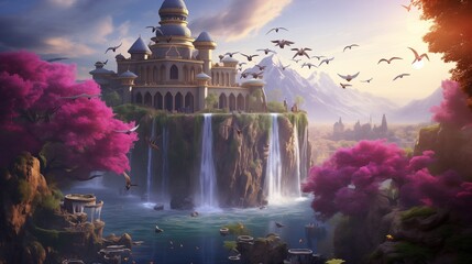A surreal illustration of a mosque on a floating island