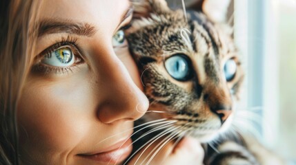 A Felidae and a woman gaze out the window, their noses almost touching. The cats iris dilates as it...