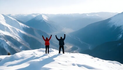 Two people standing on a mountain peak overlooking a snow valley create with ai