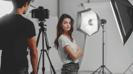 Photographer girl, focus and workspace with background, ideas and photoshoot for clothes design blog