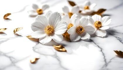 White gold flowers and leaves on white marble background create with ai