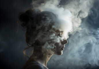 Portrait of a woman with steam coming out of her head. Headache and burnout concept