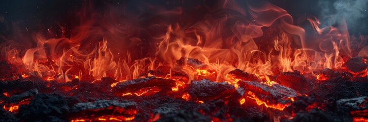 dramatic background of fiery flames and glowing red coals