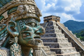 Close-up of a mayan stone statue with the famous el castillo pyramid in the distance
