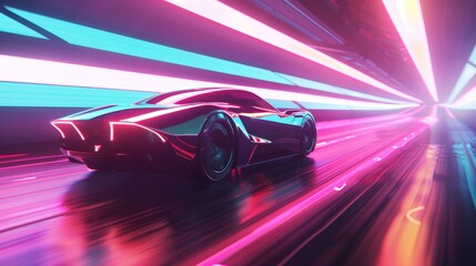 Innovation and technology showcased by a sleek, futuristic car design gliding effortlessly down a neon-lit highway