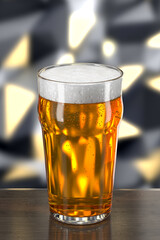 Glass with beer on wooden table on background of wall with spotlights. Bar theme. Dark environment. 3d rendering.