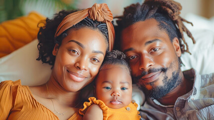 African american family enjoying morning with their newborn in bedroom, sharing a tender family moment. Perfect for themes of new young parents and family values. - Powered by Adobe