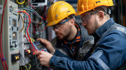 Two electrical engineers wearing hard hats and safety glasses work on an electrical panel.