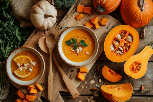 Pumpkin soup with vegetarian cooking ingredients, wooden spoons, and kitchen utensils on a wooden background. Top view. Vegan diet. Autumn harvest. Healthy,  AI generated