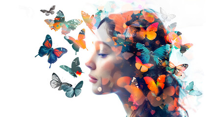 Double exposure of beautiful woman and butterflies on light blue gradient background