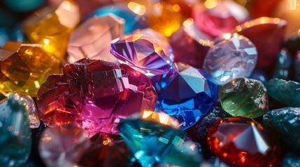 Precious gems scattered on reflective surface blurred background of twinkling lights brilliance of gems