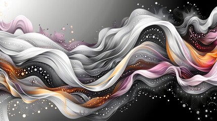 Dots and lines galore in a pink, gold and gray illustration of fanciful flowing waves