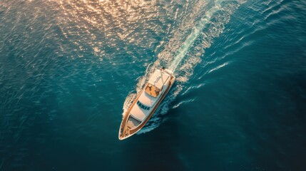 Obraz premium The image shows a white yacht moving through the blue ocean, leaving a foamy trail behind it.