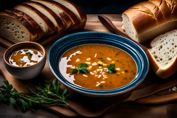 Chicken tomato soup with bread and herbs in breakfast.