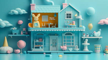 Blue pastel color 3d rendering of a dollhouse with furniture and decorations.