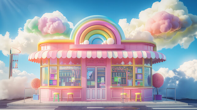 A whimsical digital illustration of a candy store with a rainbow awning and pink cotton candy clouds.