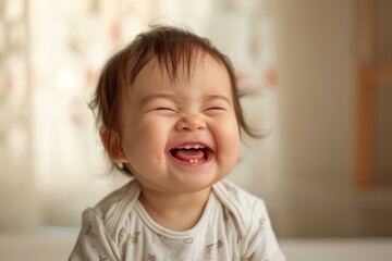Close-up of a happy toddler laughing cheerfully in a bright room