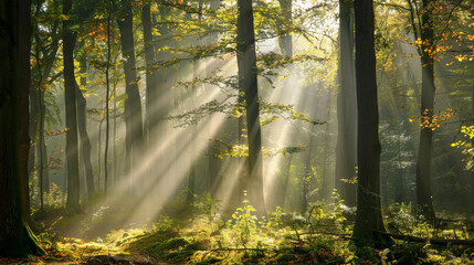 Obraz premium Beautiful rays of sunlight in a green forest in autumn. Generative AI