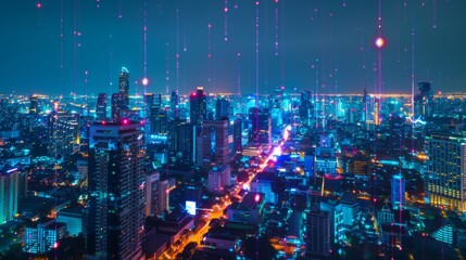 Smart city dot point connect with gradient line, connection technology metaverse concept. Bangkok, Thailand night city banner with big data.