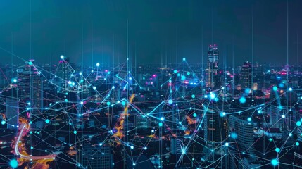 Smart city dot point connect with gradient line, connection technology metaverse concept. Bangkok, Thailand night city banner with big data.