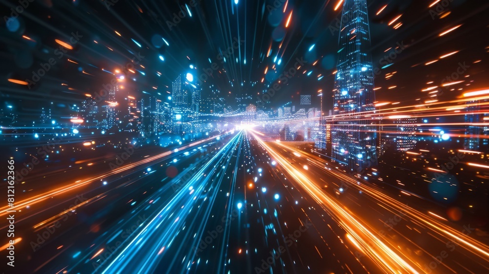 Aufkleber smart city with speed line glowing light trail surround the city. big data connection technology con