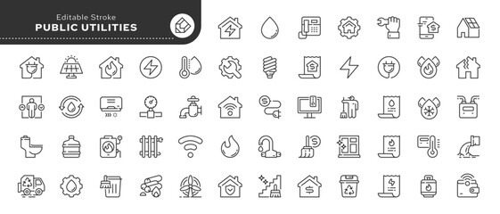 Public utilities, service. Set of line icons in linear style. Electricity, water supply, gas supply, drainage, garbage removal, major repairs, heating, cold, hot water. Outline conceptual pictogram