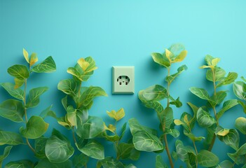 Green electricity outlet with fresh plants on blue background, ecology concept