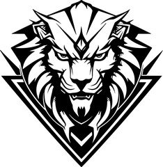 A sphinx cat with a menacing look on its face. The cat is surrounded by a diamond shape.