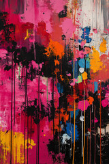 Colorful abstract painting. Pink, white, yellow, red, blue and black colors.