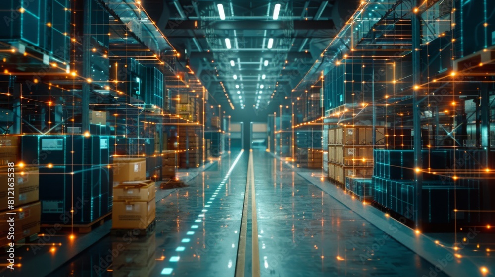 Poster Smart warehouse management system with innovative internet of things technology to identify package picking and delivery . Future concept of supply chain and logistic network business .